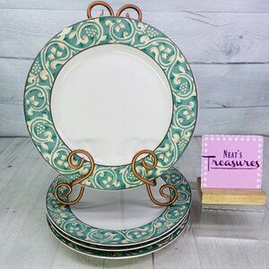 Misono PAVILLION 4856 Green Rim Tan Scroll Ceramic Oven Safe Dinner Plates Set 4